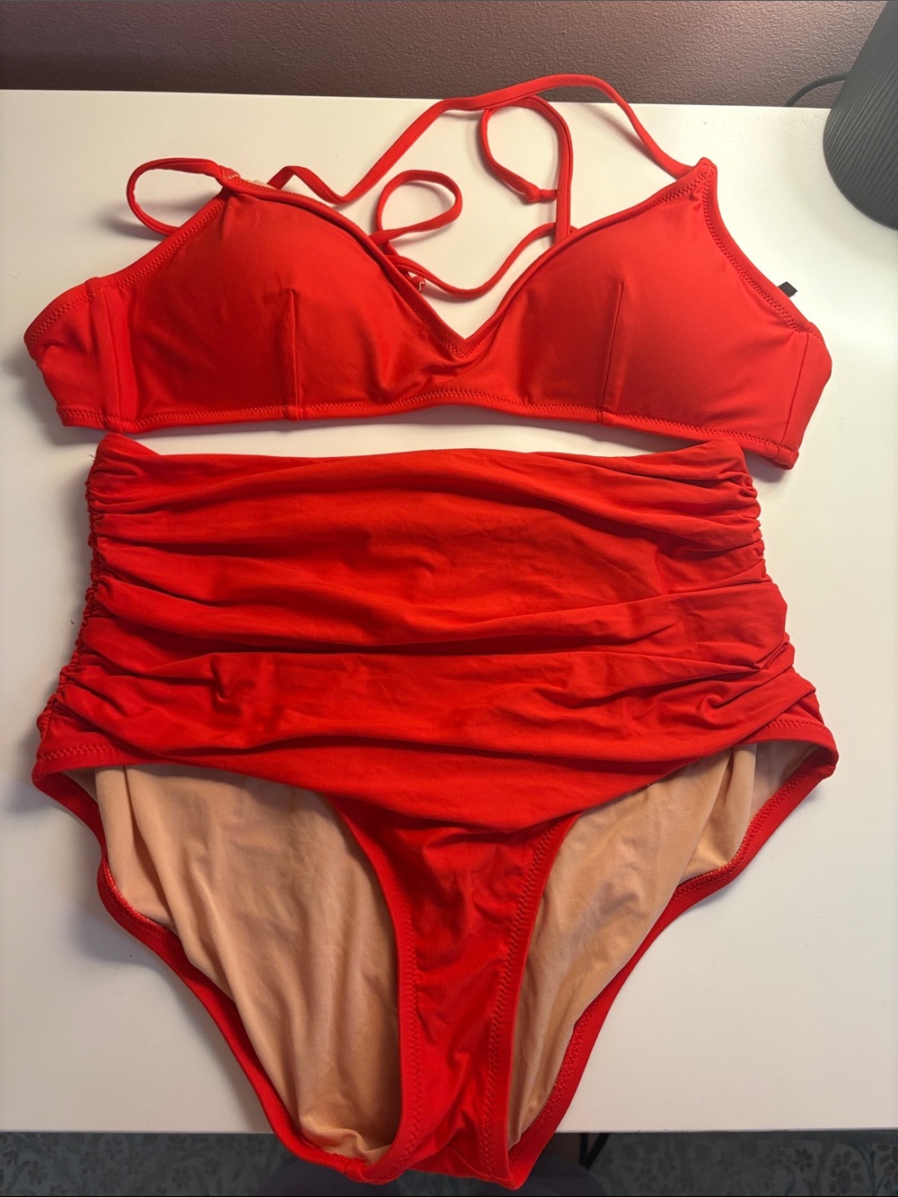 J Crew Women’s Red High-Waist Ruched Bikini Set